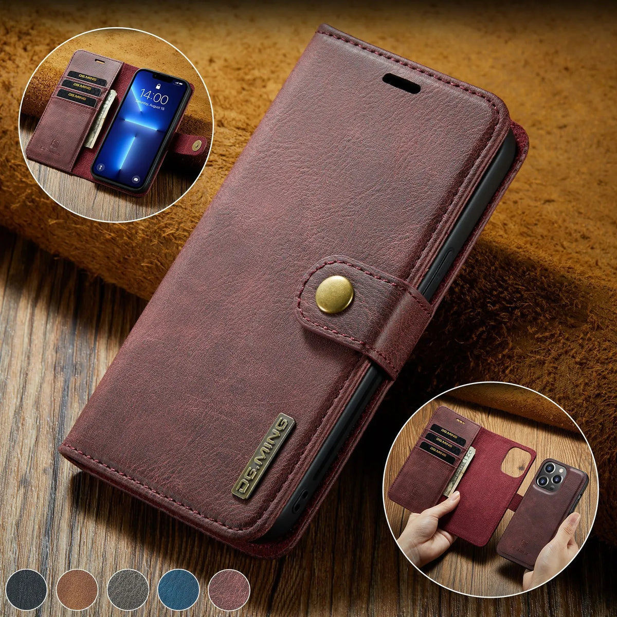 Split leather phone case with card slots and magnetic closure in black for iPhone