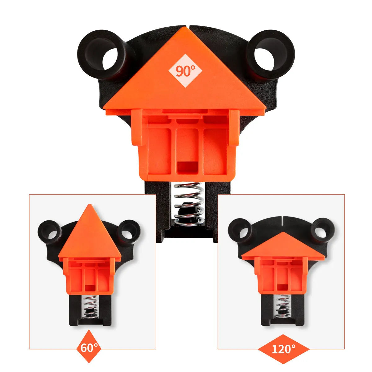 Four plastic 90-degree right angle clamps for woodworking and picture frame assembly