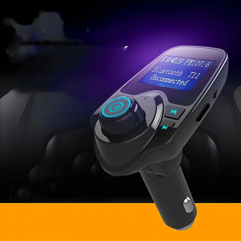 Black car Bluetooth FM transmitter hands-free device plugged into a 12V socket