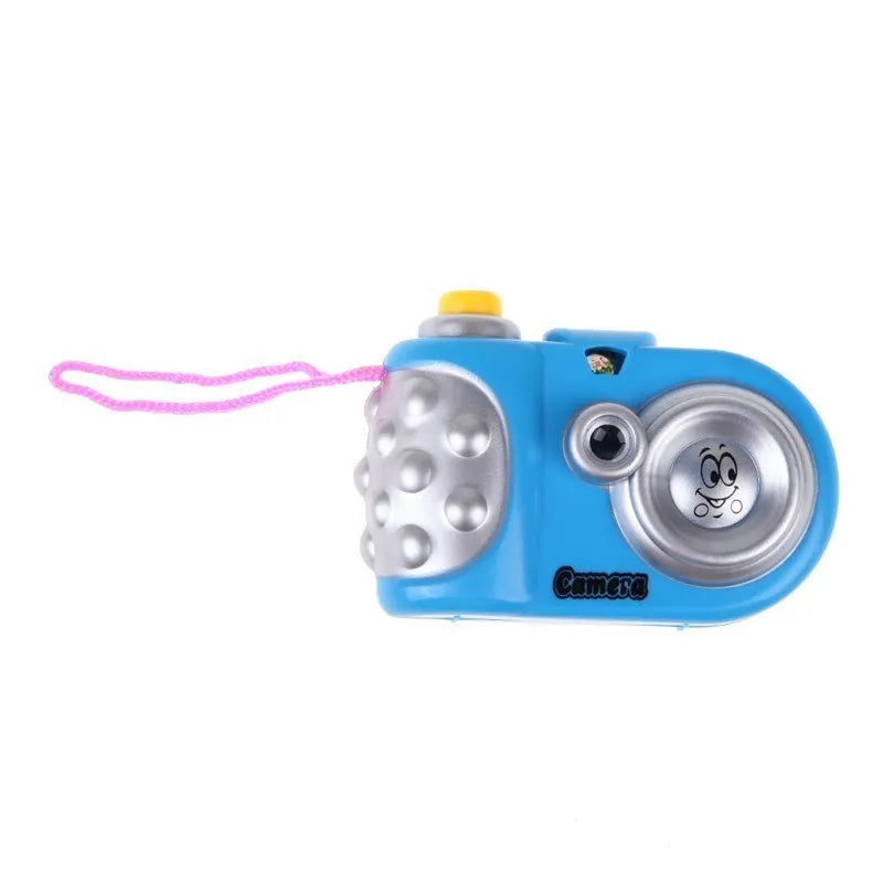 Kids plastic projection camera toy showing animal images, with blue or pink colour options.