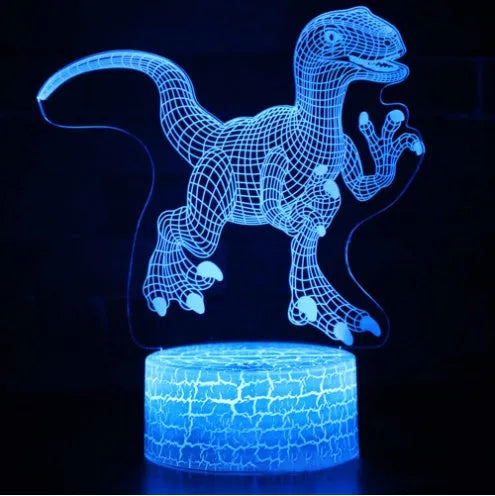 Colourful dinosaur-shaped 3D night light with touch controls on a black ABS base.