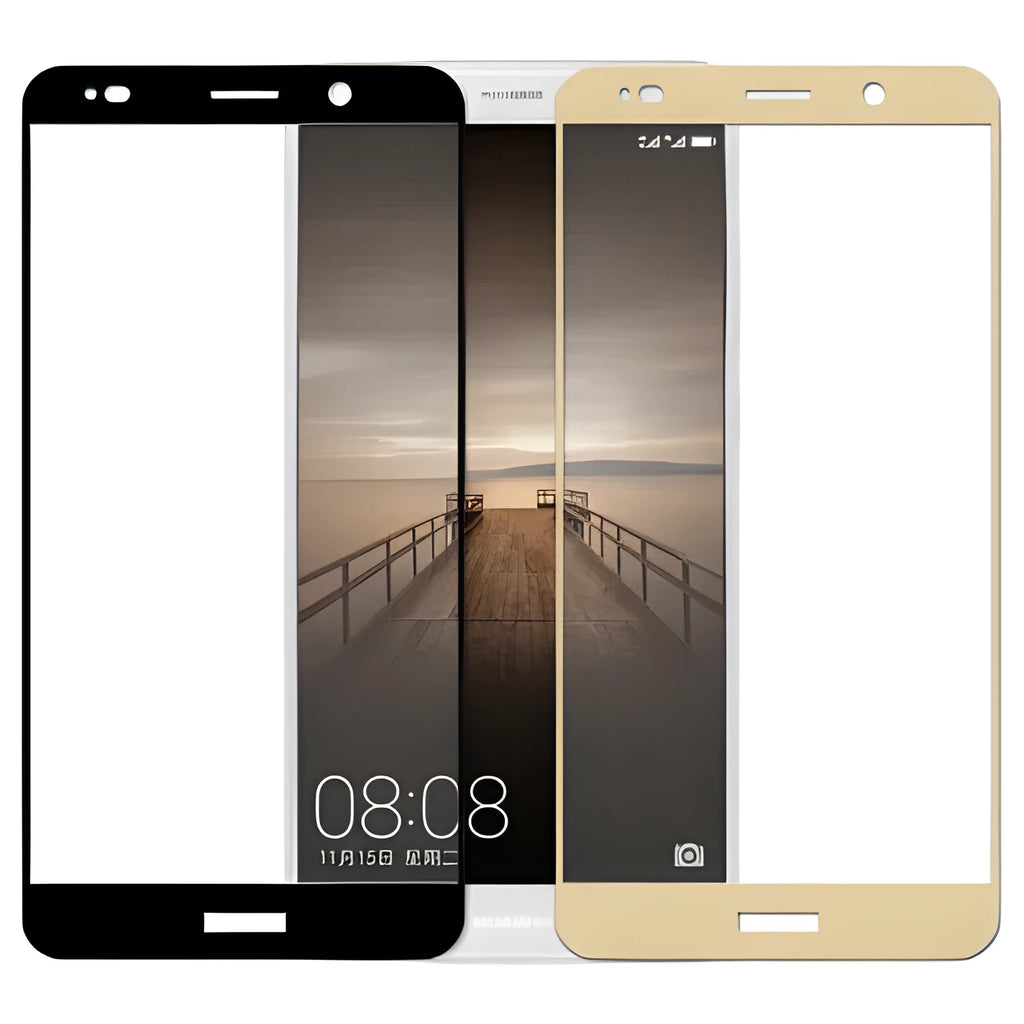 HUAWEI Mate10 mobile phone with toughened glass screen protector in black, gold, and white options