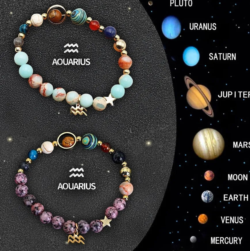 Twelve natural stone beaded bracelets with black cords and engraved crystal zodiac charms, laid out in a circle.