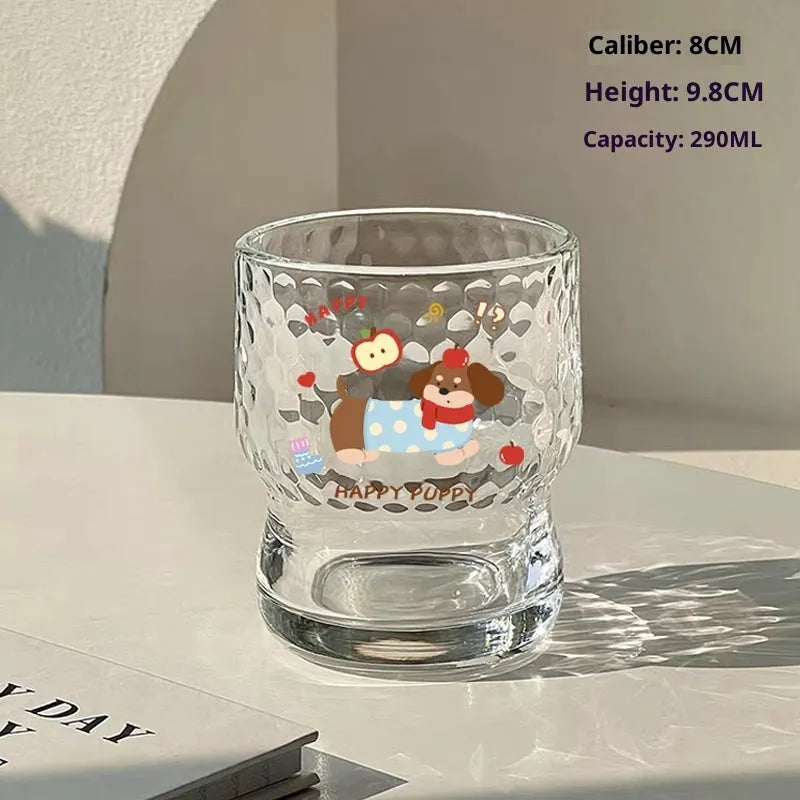 Soda lime glass cartoon milk cup with cute blue dog sticker design, 290ml, round shape