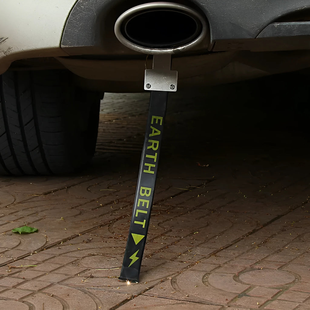 Black car electrostatic grounding belt, 37cm long with metal hook, shown against a vehicle tyre.
