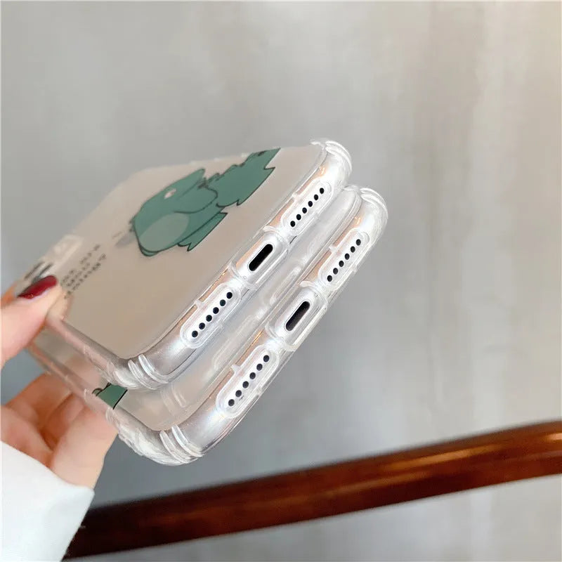 Transparent iPhone case with dinosaur couple design showing airbag anti-fall protection