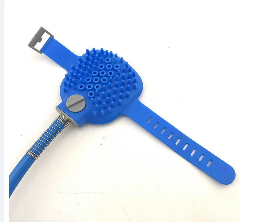 Blue pet washing tool with silicone glove, 2.5m hose, and tap adapters for dog bathing