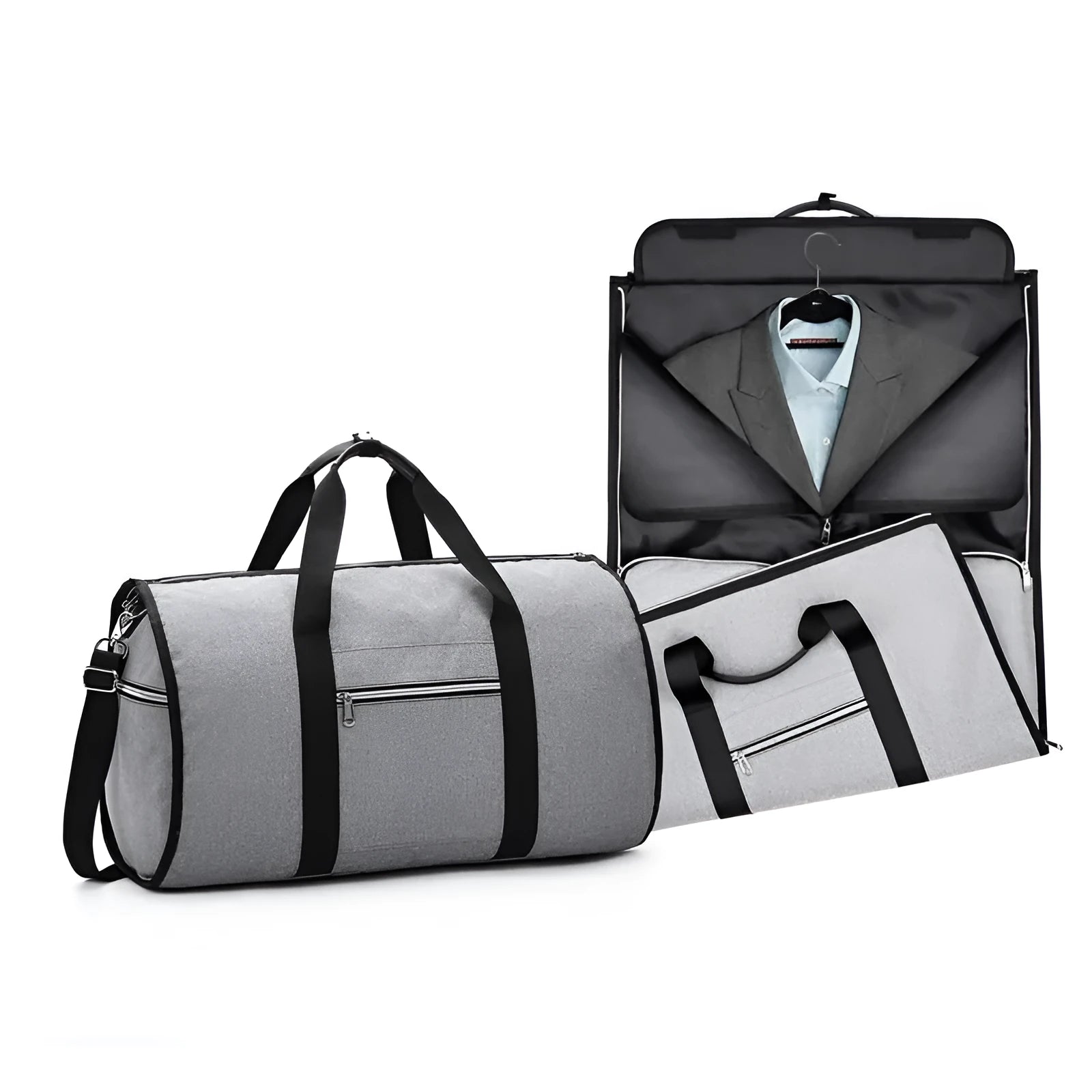 Medium sized cylinder travel bag in black Oxford cloth, showing zipper opening and internal pocket.