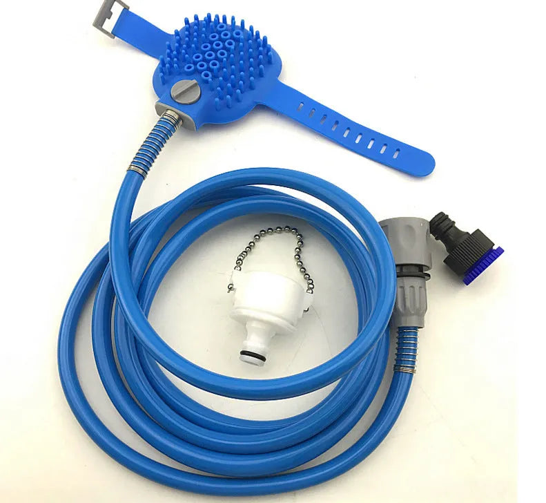 Blue pet washing tool with silicone glove, 2.5m hose, and tap adapters for dog bathing