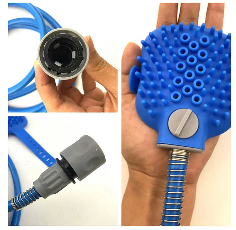 Blue pet washing tool with silicone glove, 2.5m hose, and tap adapters for dog bathing