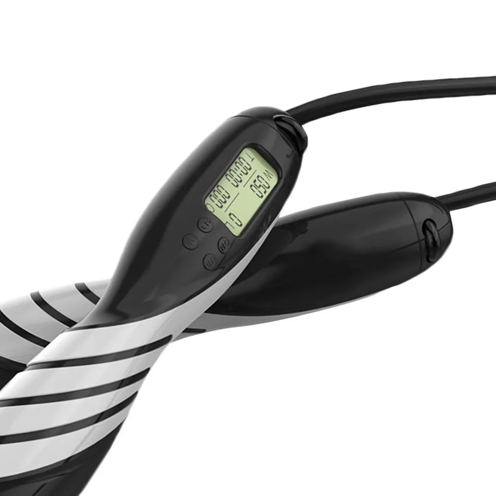 Professional weighted skipping rope with large digital display showing count and calories, non-slip black handle, black grey colour
