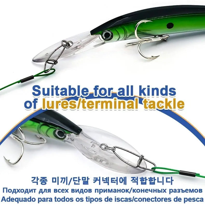 Set of 10 green steel wire fishing leaders with double buckle pins showing 54cm length measurement