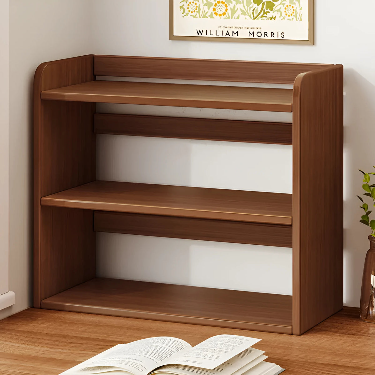 Three-layer 50cm desktop bookshelf in dark walnut or white oak colour, density plate storage rack for desk or tabletop.