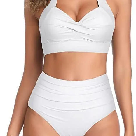 Women's split bow bikini swimsuit in polyester with spandex lining on a mannequin.