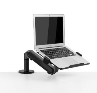 Silver aluminium alloy hover notebook stand on a desk holding a laptop.
