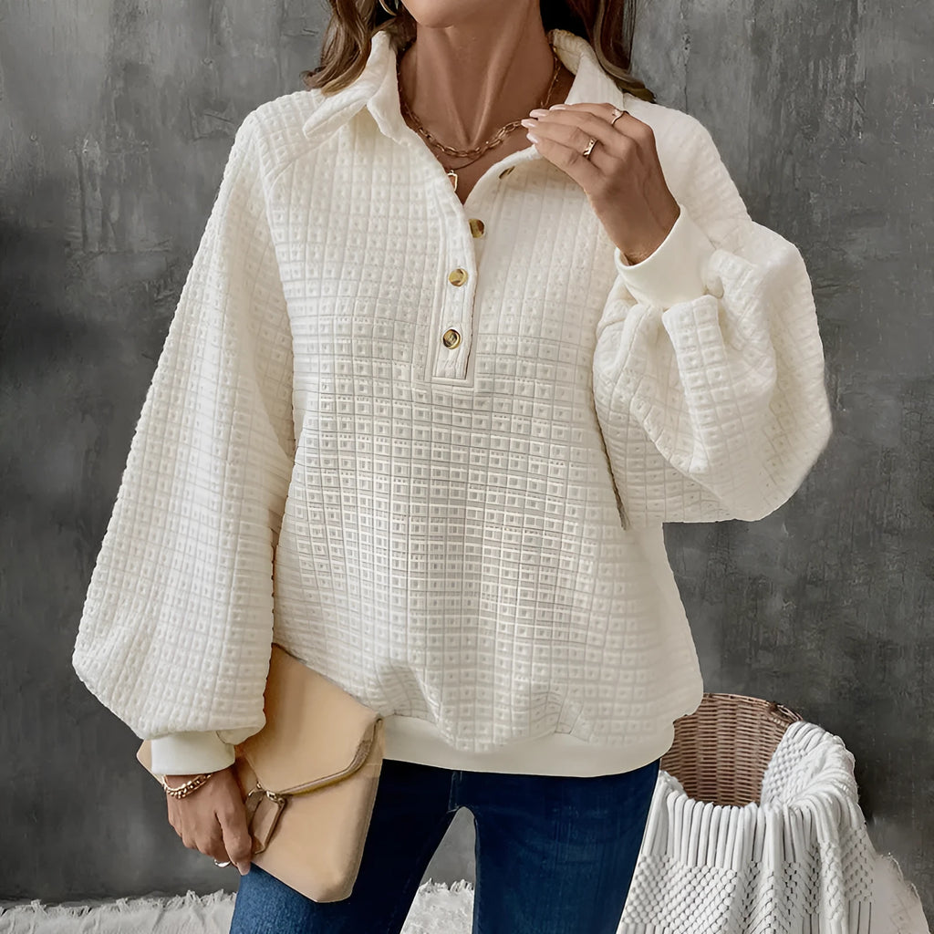 Women's milky white polo collar pullover sweater with long sleeves
