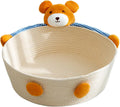 Woven cotton rope cat bed with scratching surface, shown with bear decoration in medium size.