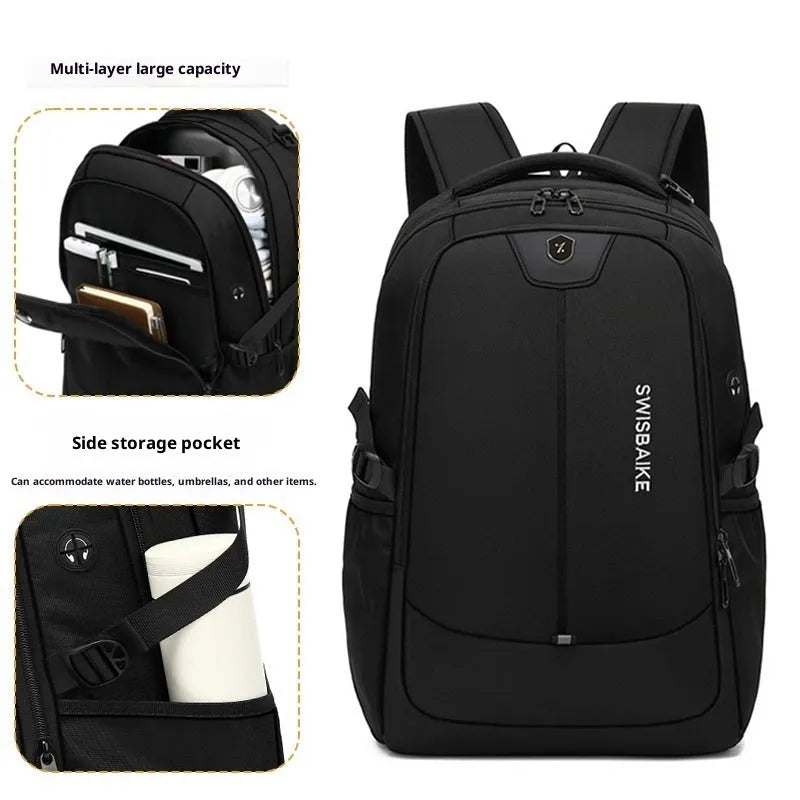 Outdoor men's casual sports backpack in black Oxford cloth with stitching detail and curved shoulder strap