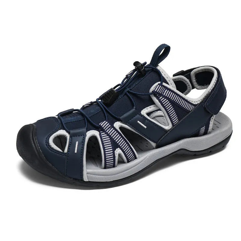 Men's blue casual sports shoes with Velcro strap and mesh upper on a rubber sole.