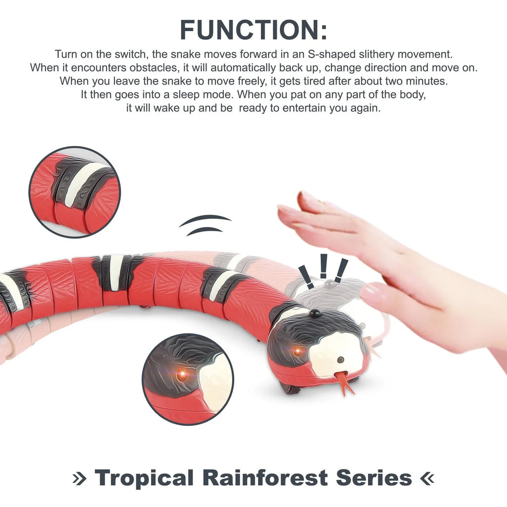 USB rechargeable automatic electronic snake toy for cats with segmented plastic body.