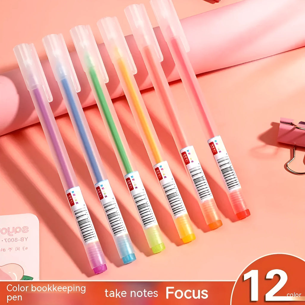 Boxed set of twelve colour gel pens with 0.5mm tips for journaling and stationery needs