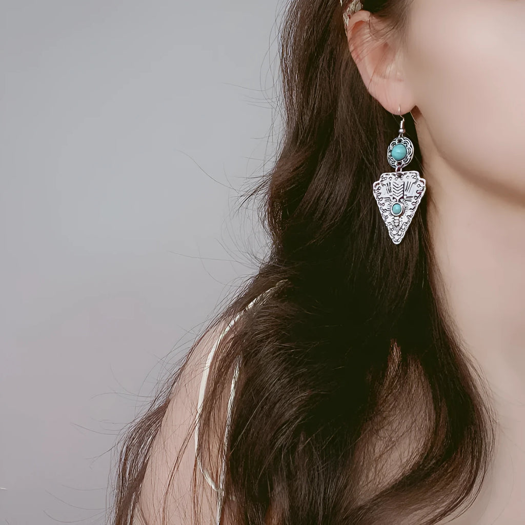 Retro old triangle water drop alloy earrings for women, national style holiday travel accessory