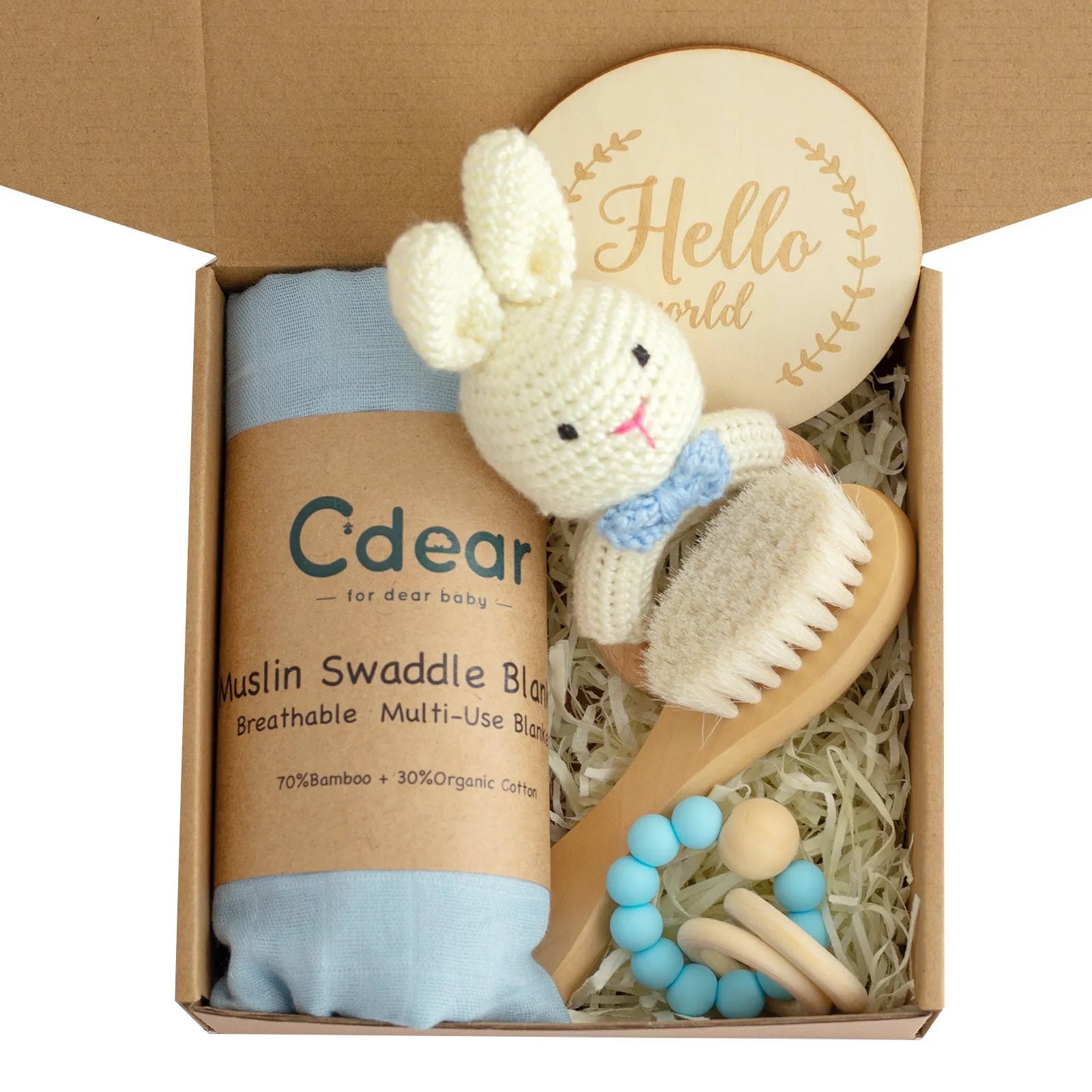 Baby teething gift set with bamboo gauze blanket, wooden chewing ring, woven bell, and developmental toys