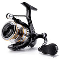All-metal spinning fishing reel with EVA grip handle on a selection of six model sizes.
