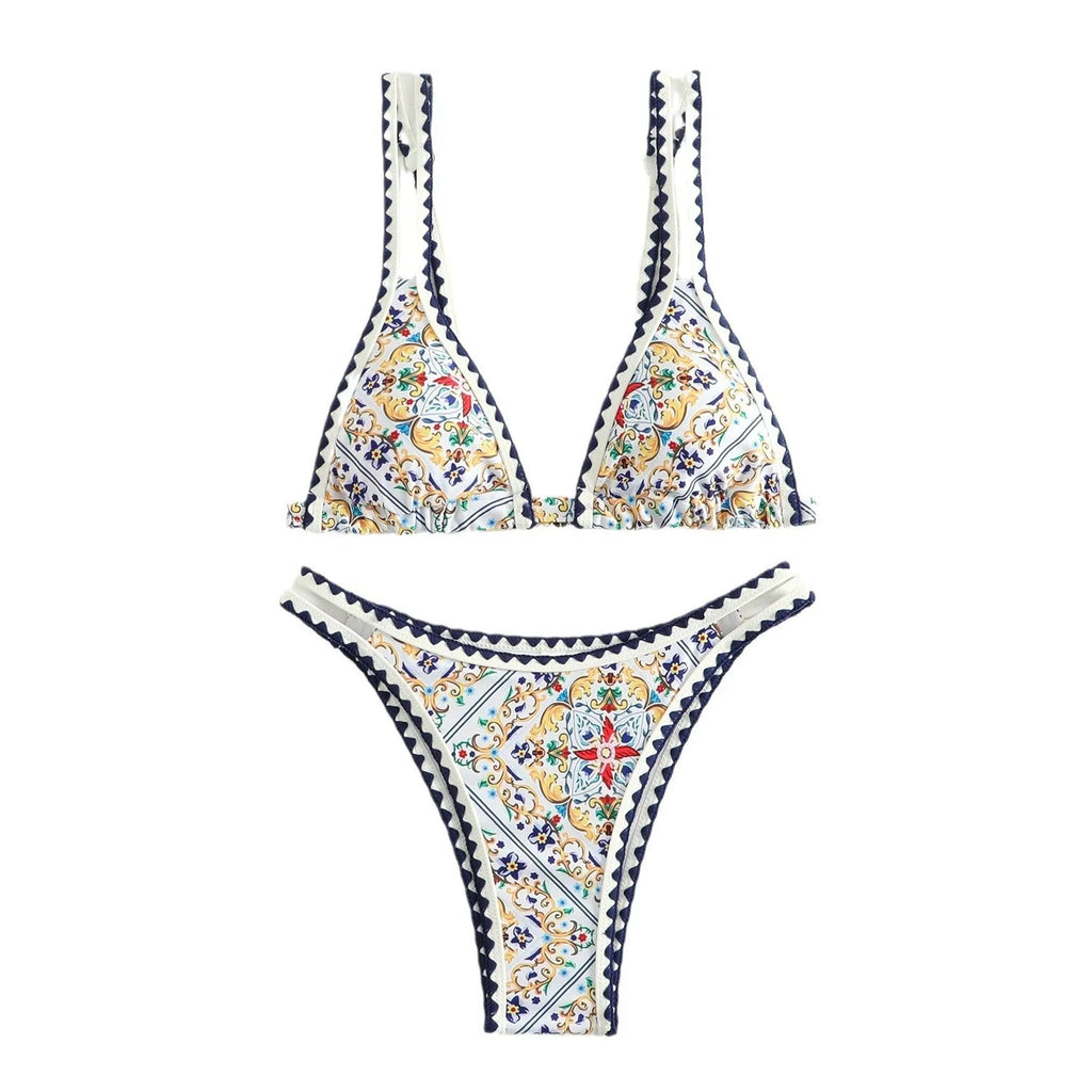 Women's printed split bikini swimsuit with floral pattern in polyester fabric for swimming sports