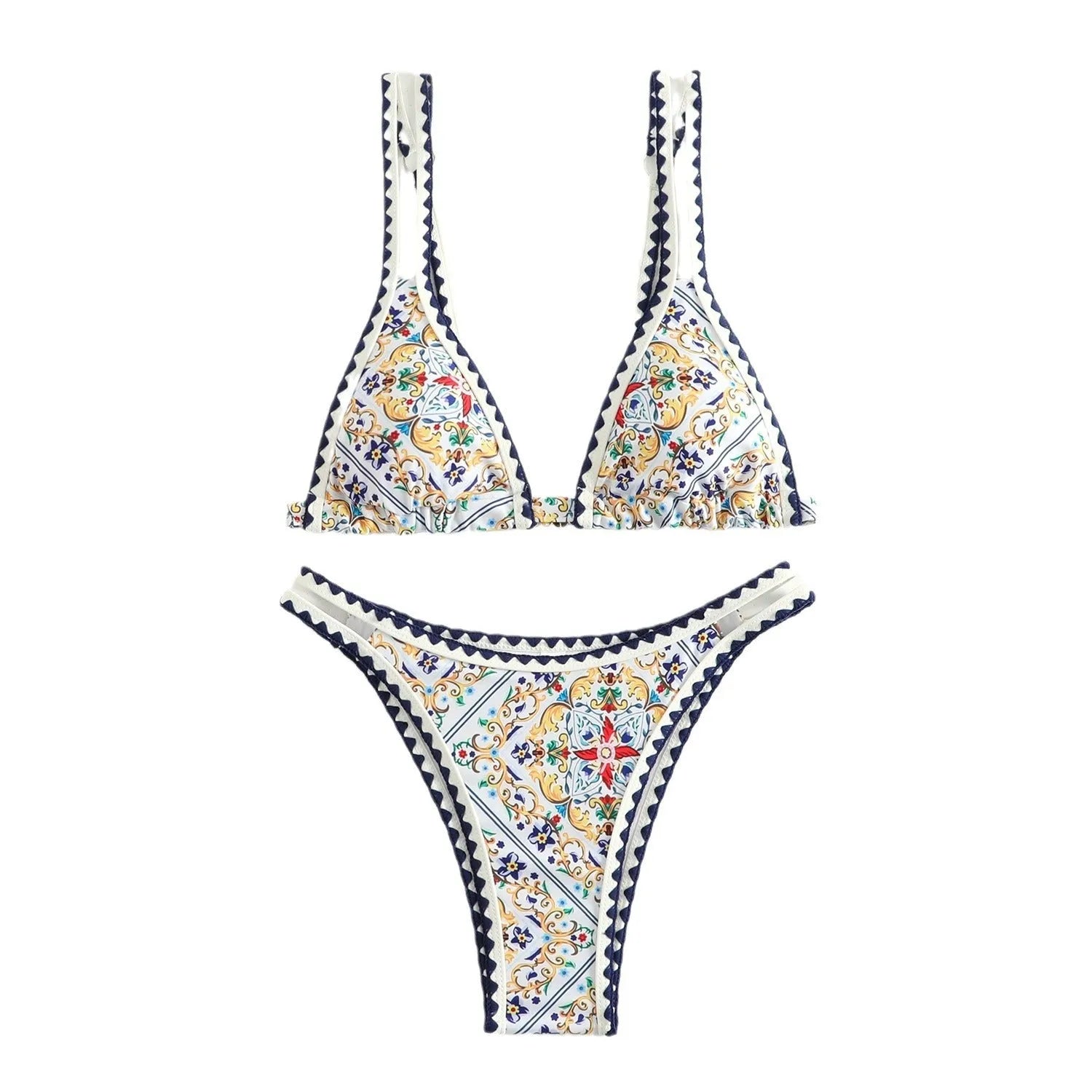 Women's printed split bikini swimsuit with floral pattern in polyester fabric for swimming sports