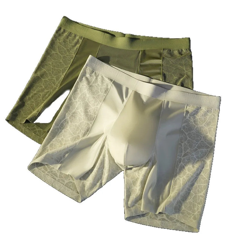 Men's seamless leopard jacquard boxer long track pants in polyester, available in five colours and sizes L to XXXXL.