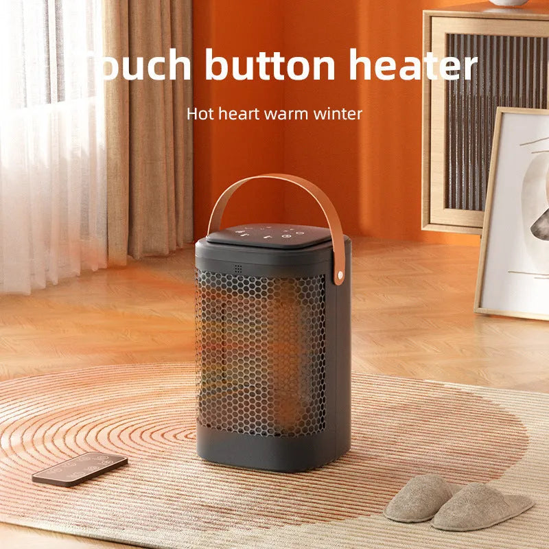 Silver digital heating radiator with a touch screen display and remote control on a wooden floor.
