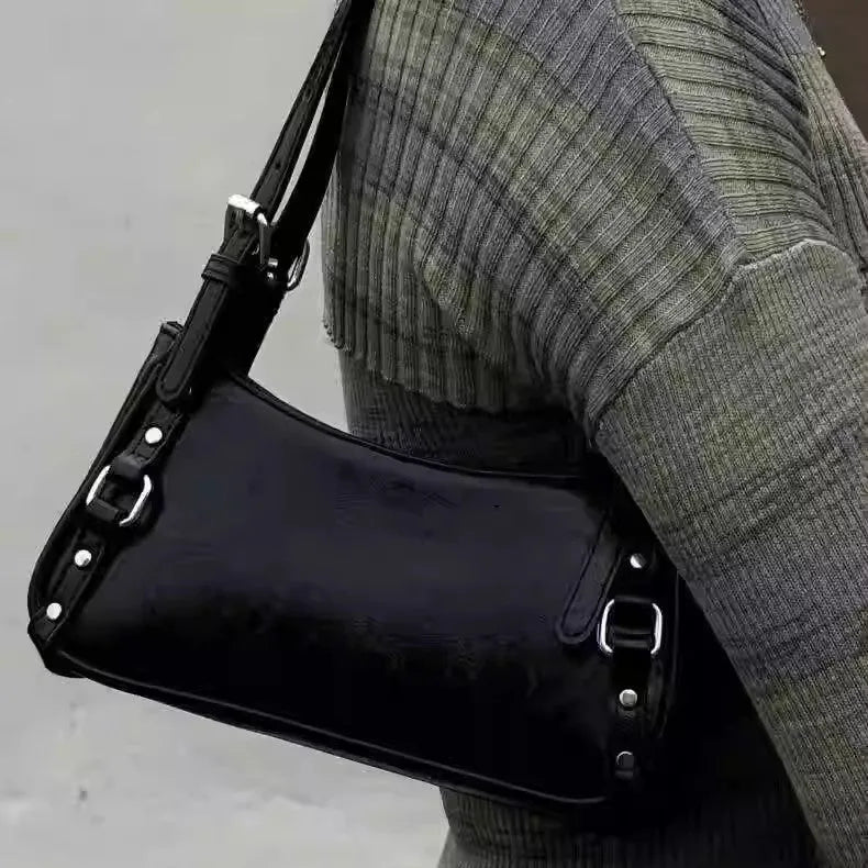 Hot Girl Locomotive style black PU all-matching shoulder bag with three-dimensional pocket, horizontal square shape
