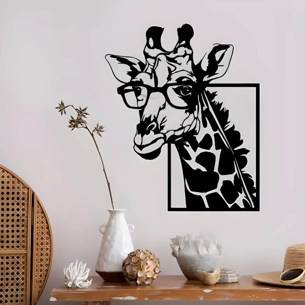 Black iron giraffe silhouette wall hanging with glasses in American country style on a wall