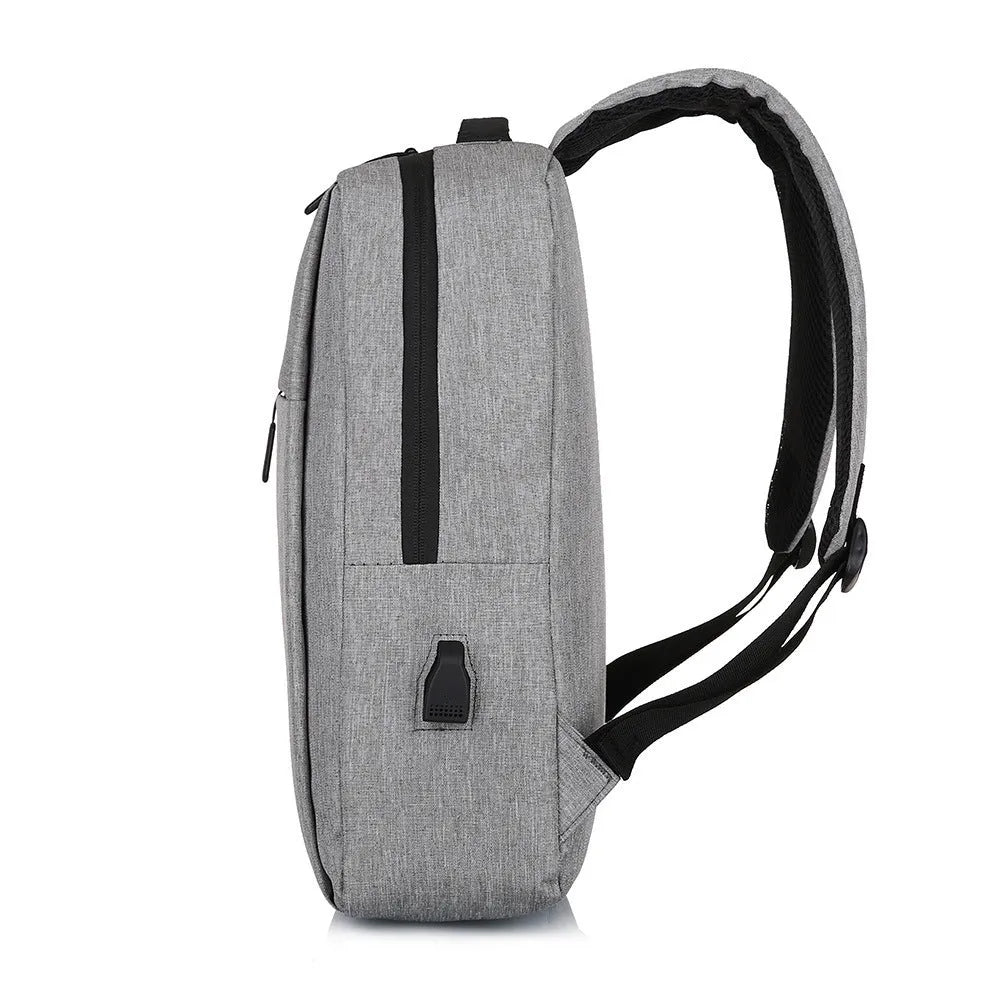 Large expandable Oxford cloth backpack in black with curved shoulder straps and front organisation.