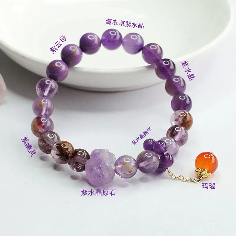 Nine purple fire amethyst bracelet with red agate accents in Mori style design