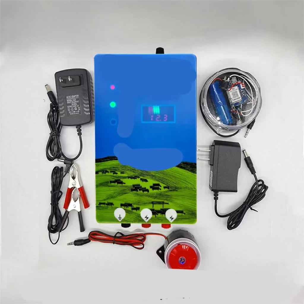 Animal husbandry electric fence alarm host unit with display options and solar panel for pasture livestock security.
