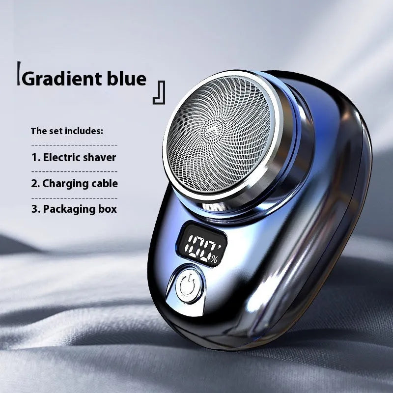 Mini electric shaver for men, black with LED digital display, removable cutter head, and USB charging cable