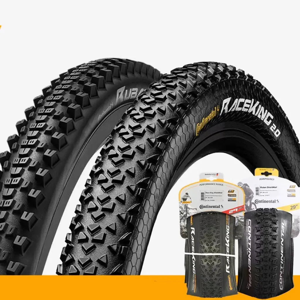 Mountain bike folding tyre shown in yellow and white, next to size options 26, 27.5 and 29 inches.