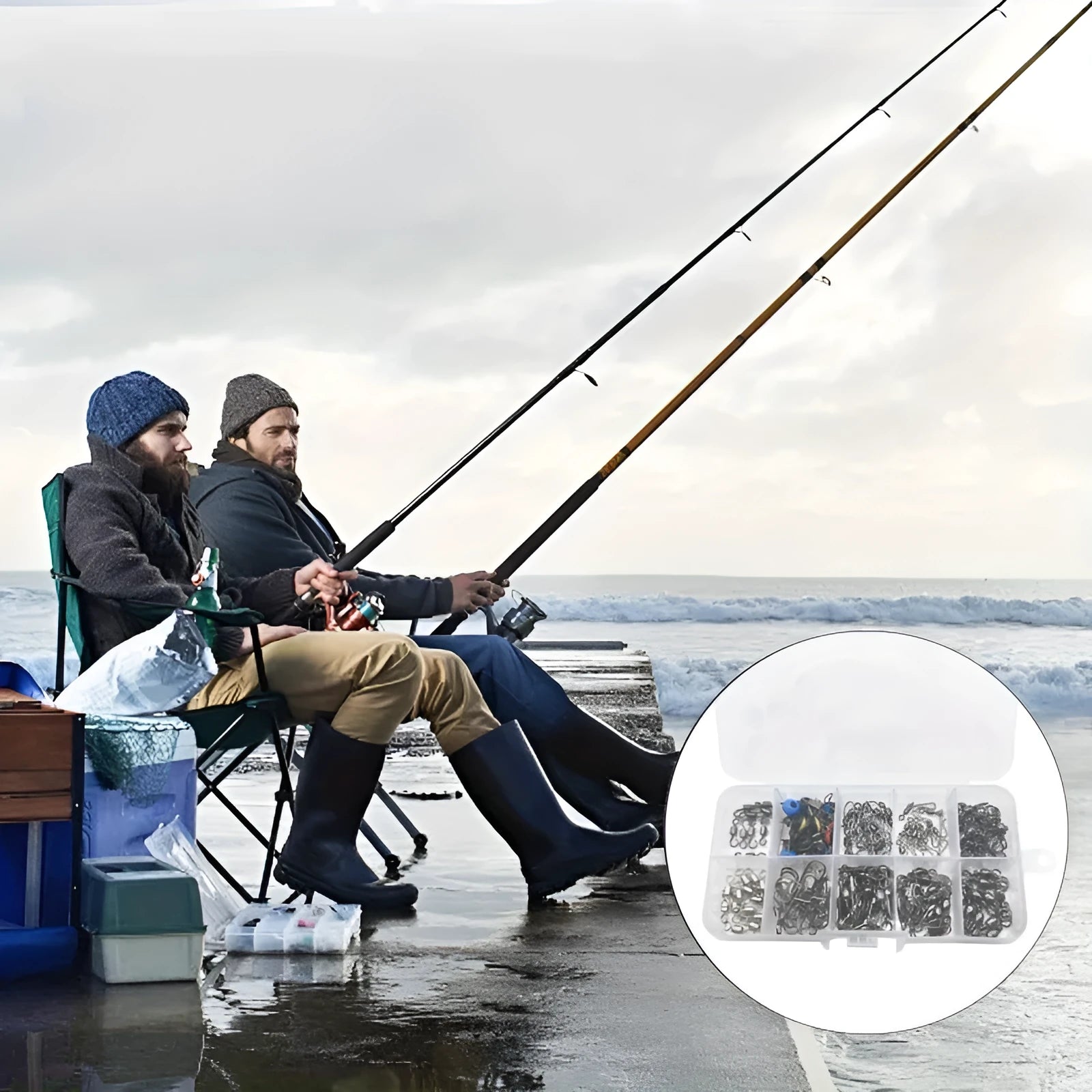 Box of 115 fishing connector swivels with rotating sea bean design in plastic and stainless steel