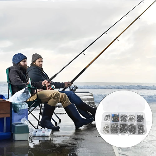 Box of 115 fishing connector swivels with rotating sea bean design in plastic and stainless steel
