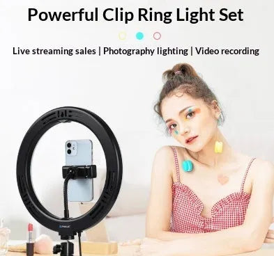 26cm desktop continuous ring light with strong clip, USB powered, 3200-5600K colour temperature, CRI above 95