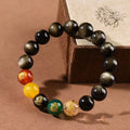 Single Circle Five Gods Of Wealth bracelet with polished rainbow eye obsidian beads in New Chinese style.