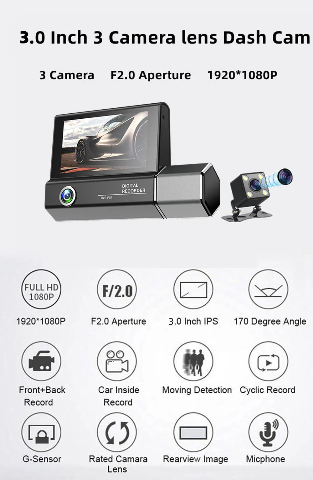 Black triple-lens car dash camera with touch screen and wide-angle recording