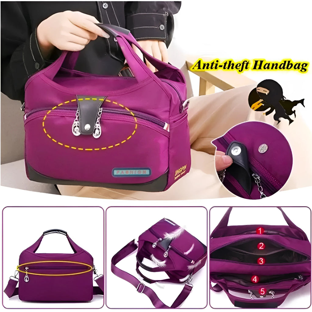 Women's crossbody bag in Oxford cloth with zippered closure and adjustable shoulder strap, 29cm long, available in multiple colours