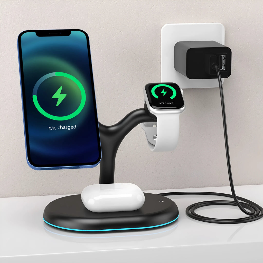 Black square three-in-one magnetic wireless charger for iPhone, Apple Watch, and AirPods on a desk