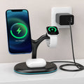 Black square three-in-one magnetic wireless charger for iPhone, Apple Watch, and AirPods on a desk