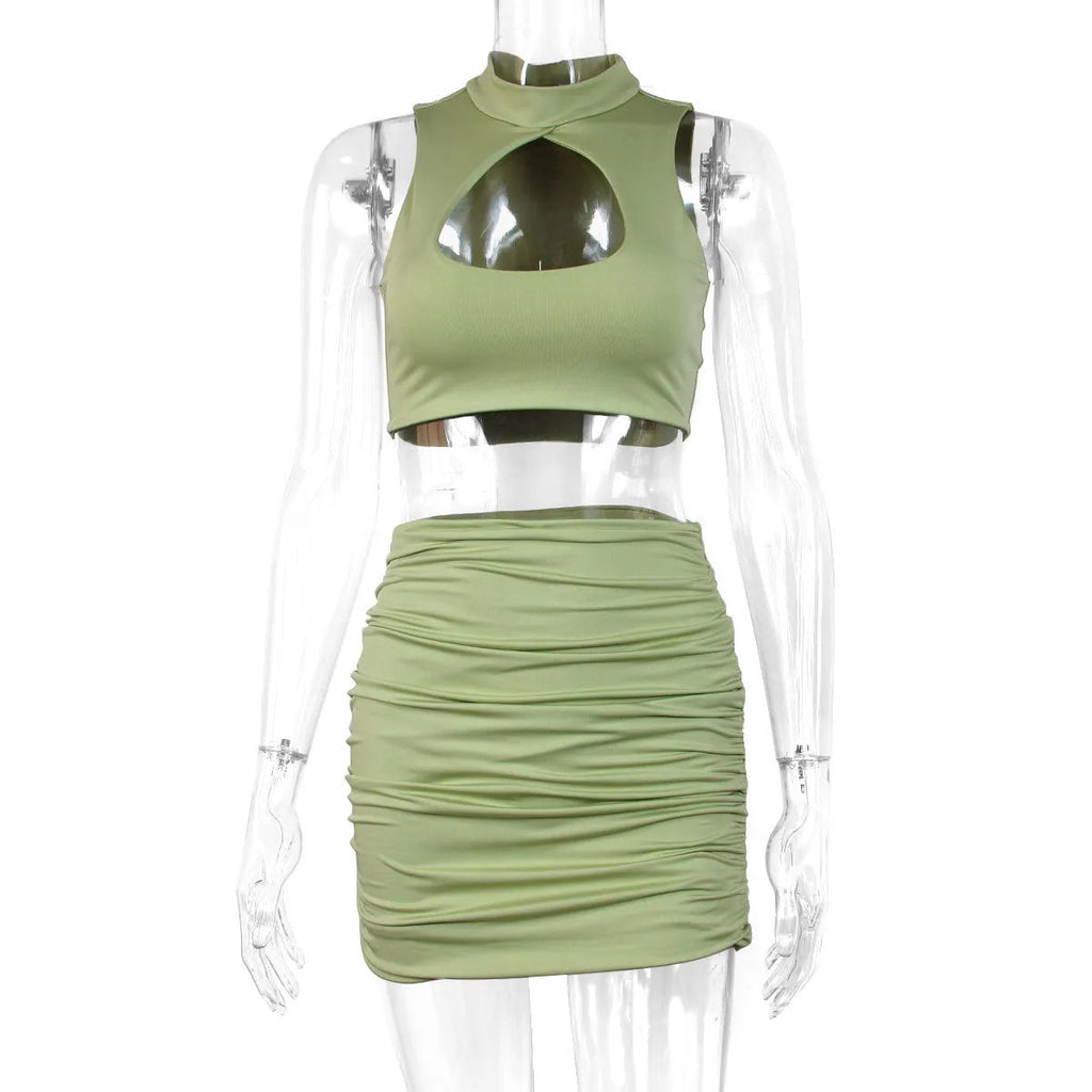 Light purple elastic polyester two-piece set with cutout vest and matching hip skirt.