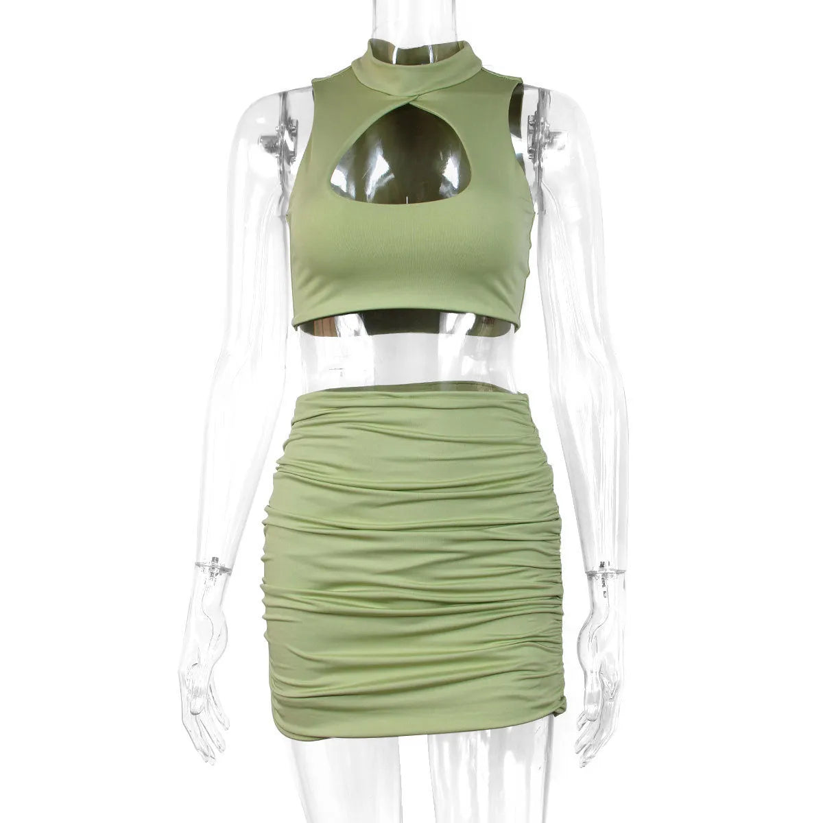 Light purple elastic polyester two-piece set with cutout vest and matching hip skirt.