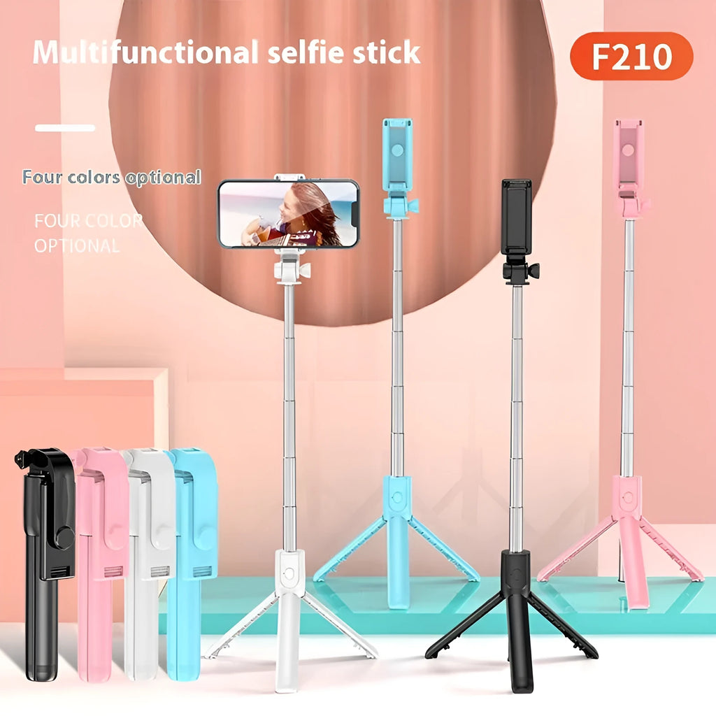 Mobile phone Bluetooth selfie stick tripod with self timer extended to 70cm on a white background in black colour